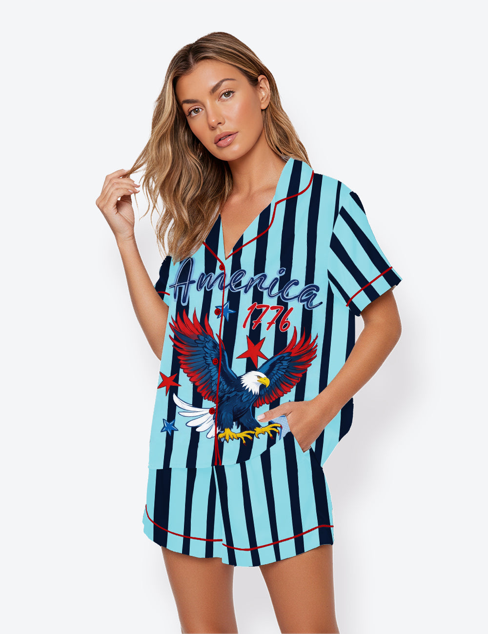 Women’s USA 4th Of July 250th Anniversary America Eagle Short Sleeve Satin Pajama Set